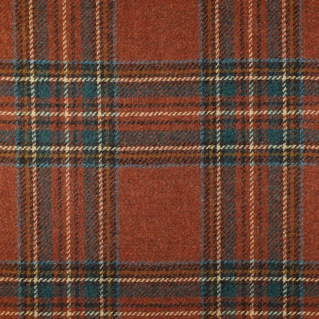 Rust terracotta woven plaid with teal, cream and charcoal intersecting stripes
