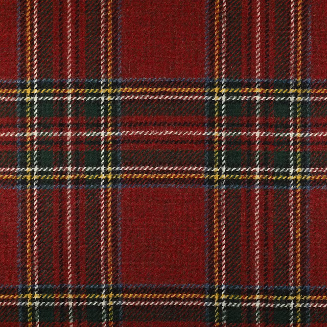 Deep red tartan weave with dark green, cream, mustard and blue intersecting stripes
