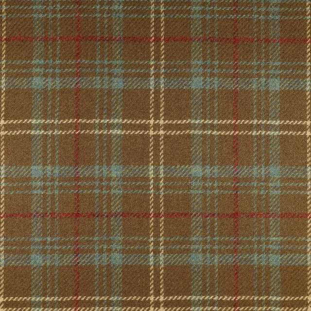 Warm brown woven plaid with muted teal, red and cream crossing lines