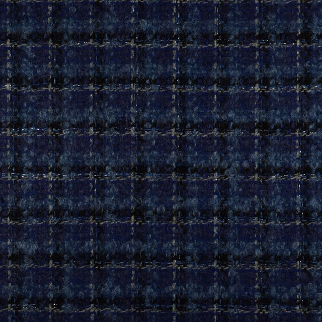 Deep ink-navy woven fabric with irregular checked bands and flecked blue texture