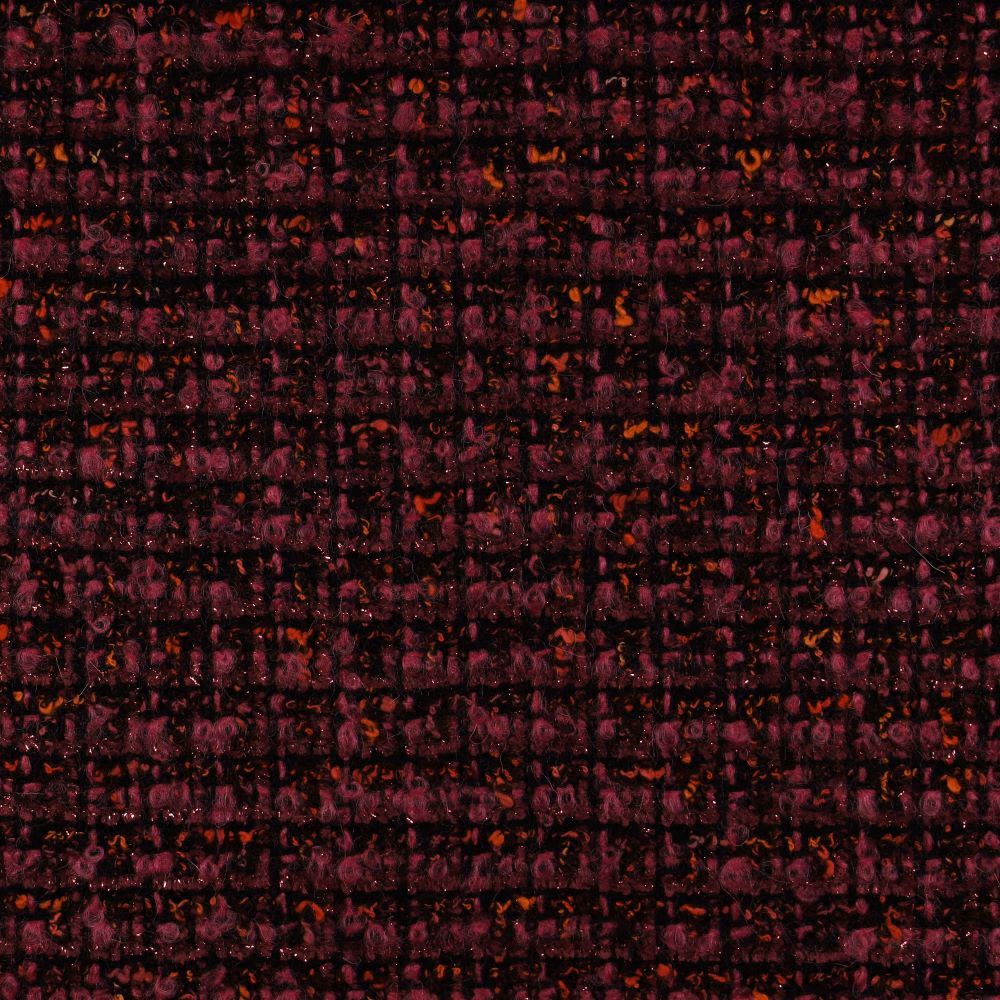 Dark burgundy plum woven textile with red-orange flecks and irregular grid texture
