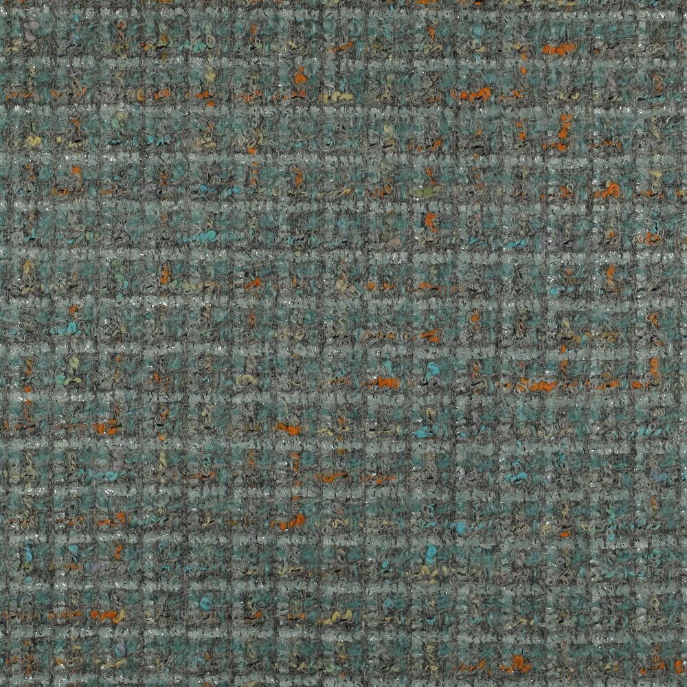 Teal-grey nubby weave with turquoise and rust flecks across the surface