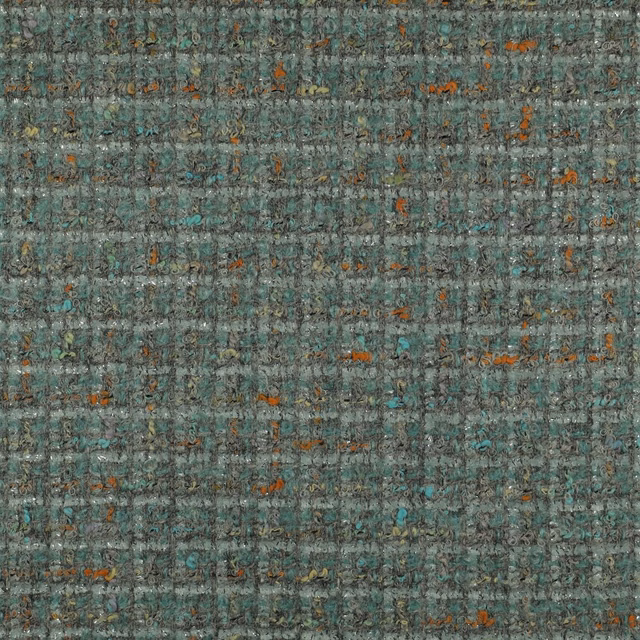 Teal-grey nubby weave with turquoise and rust flecks across the surface
