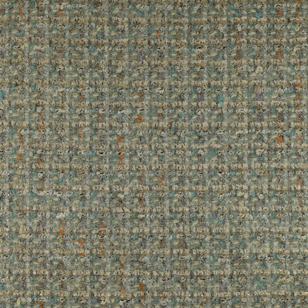 Mottled blue-green nubby weave with grey-beige threads and scattered rust flecks
