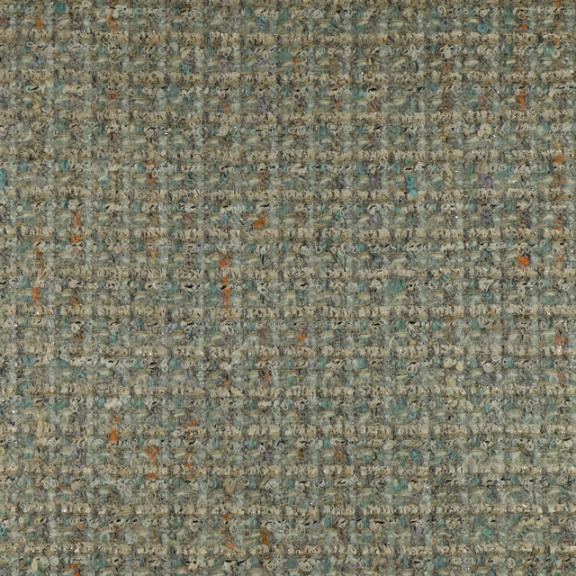Mottled blue-green nubby weave with grey-beige threads and scattered rust flecks