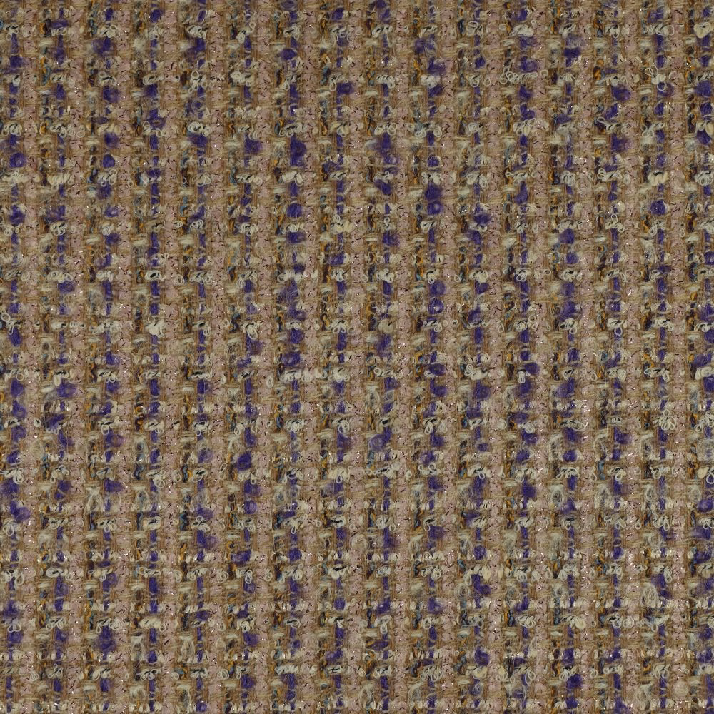 Mottled taupe woven fabric with irregular purple vertical flecks and nubby texture