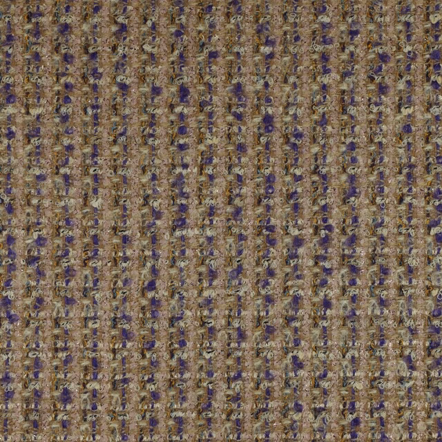 Mottled taupe woven fabric with irregular purple vertical flecks and nubby texture