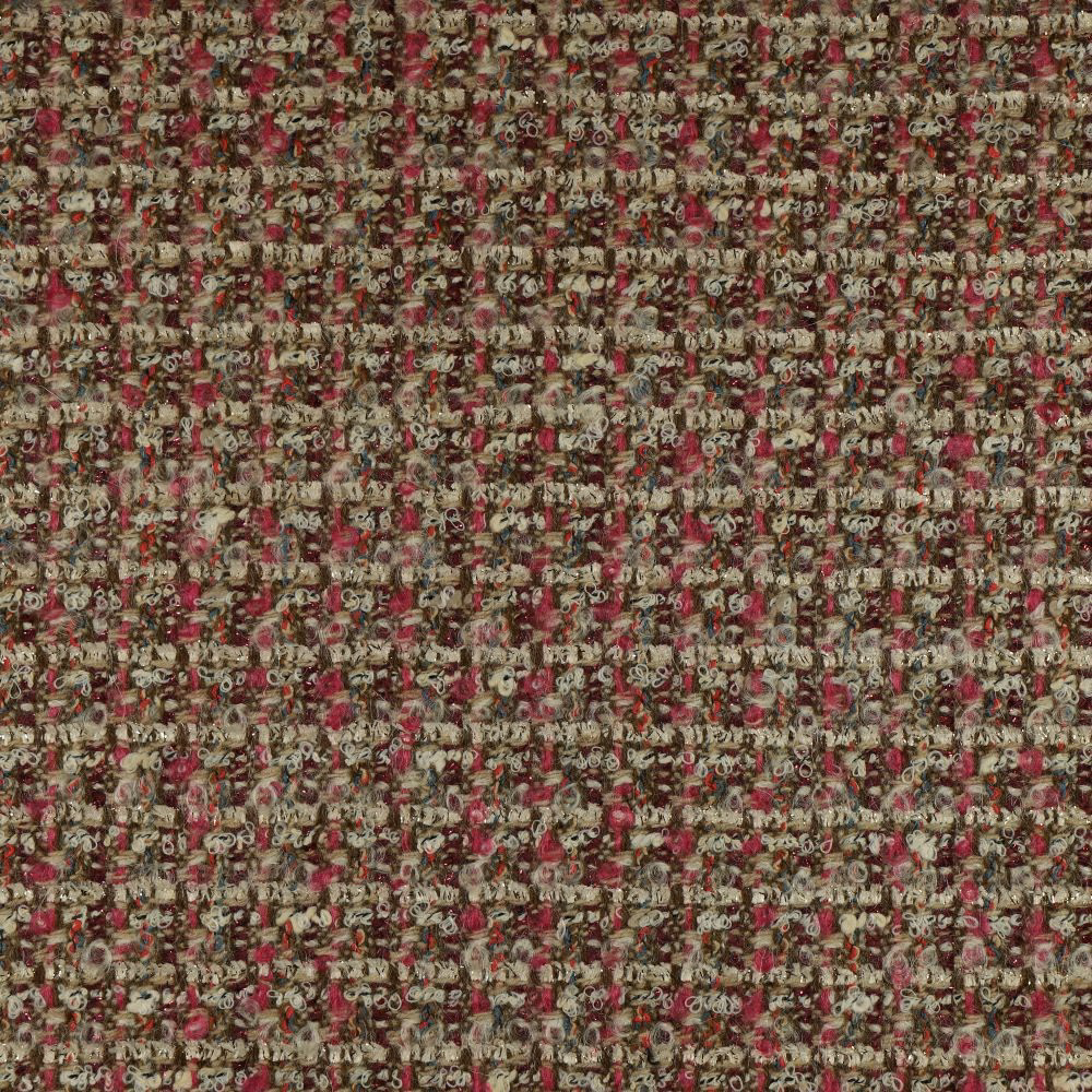 Close view of a nubby taupe weave with burgundy, olive and cream flecks