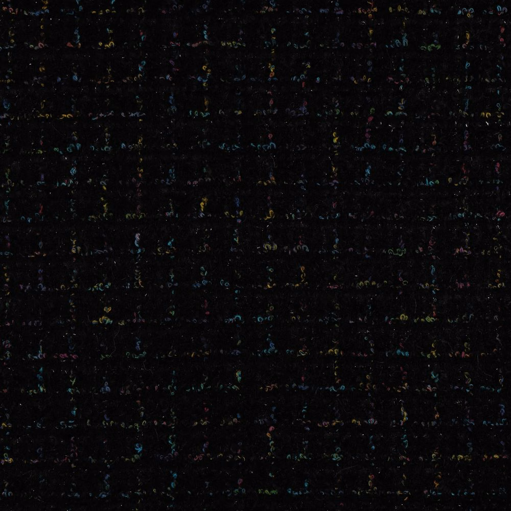 Near-black woven swatch with tiny blue, green, pink and ochre flecks