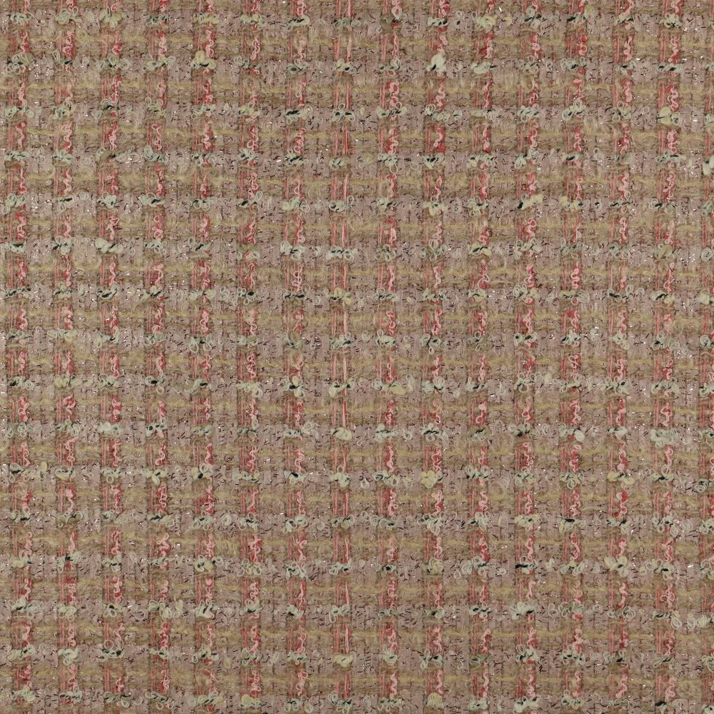 Warm taupe woven fabric with dusty rose, sage and cream vertical flecks