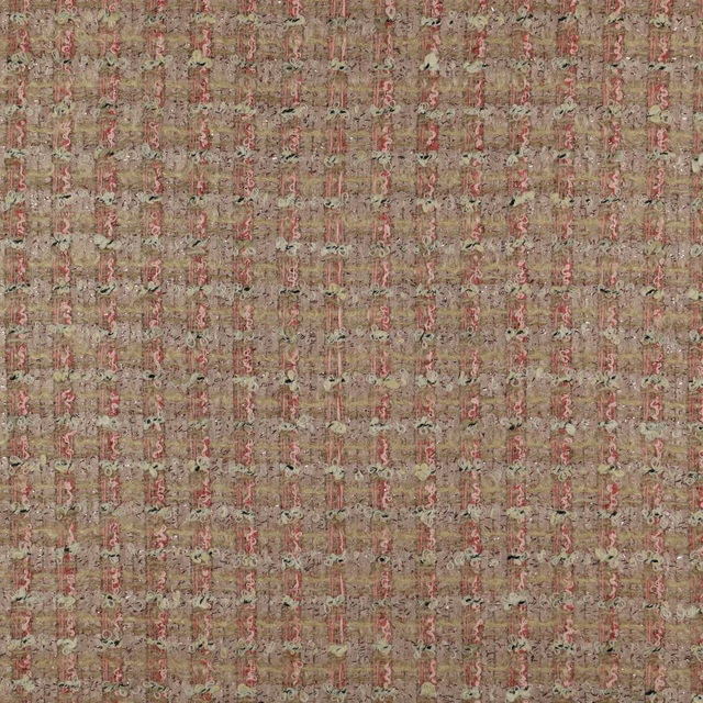 Warm taupe woven fabric with dusty rose, sage and cream vertical flecks