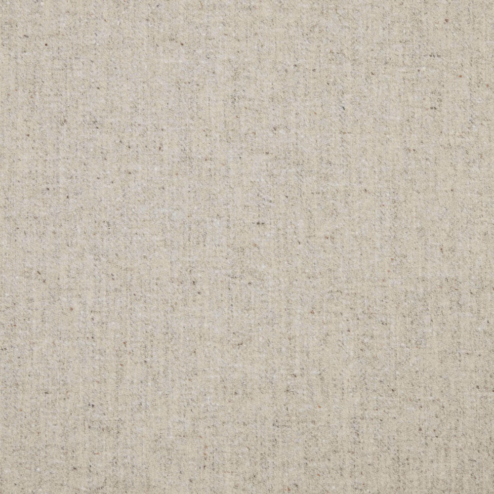 Pale greige woven fabric with fine vertical slubs and scattered darker flecks