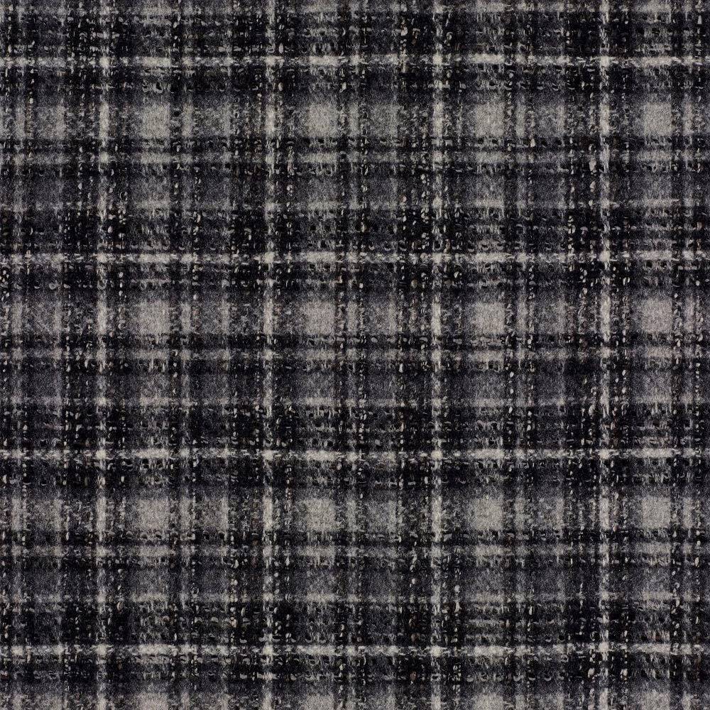 Charcoal black and grey checked fabric with a softly brushed, irregular woven texture