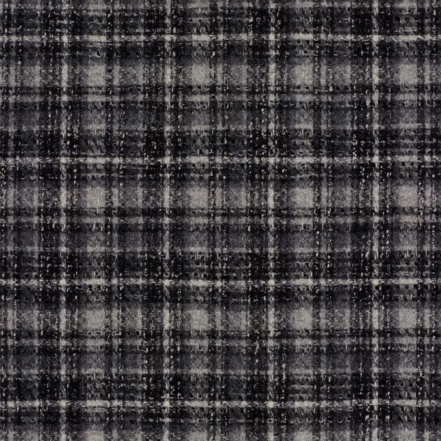 Charcoal black and grey checked fabric with a softly brushed, irregular woven texture