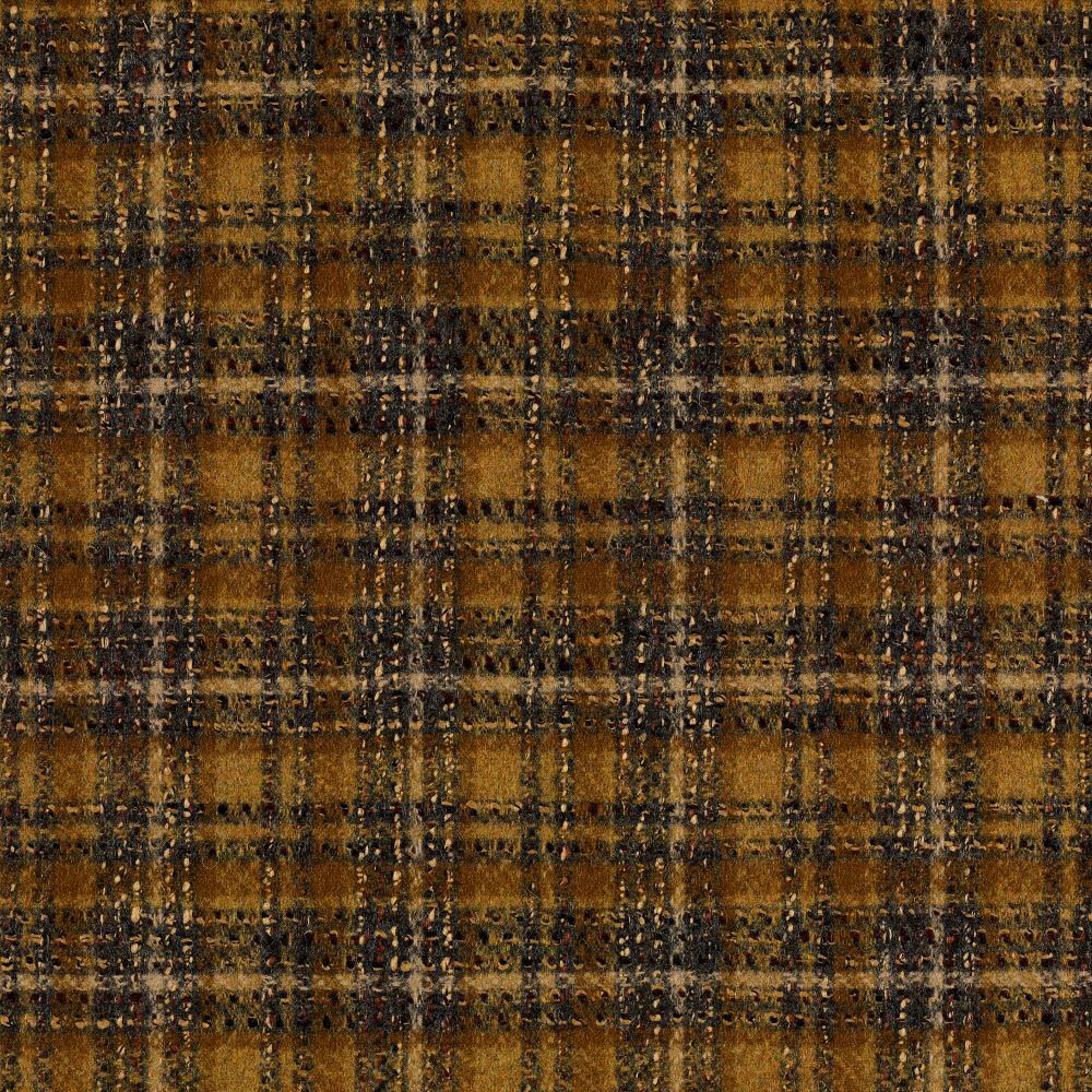Ochre brown plaid textile with charcoal checks and a richly nubby, weathered surface