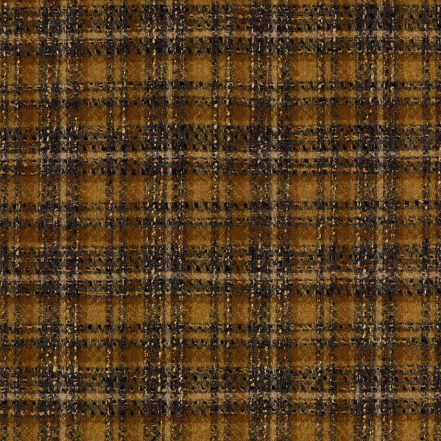 Ochre brown plaid textile with charcoal checks and a richly nubby, weathered surface
