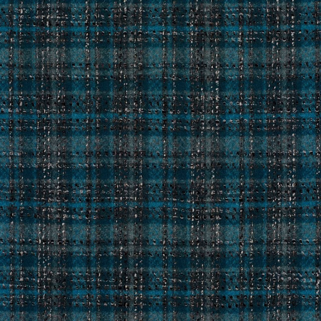 Deep teal and charcoal checked weave with irregular flecks and pronounced tactile texture
