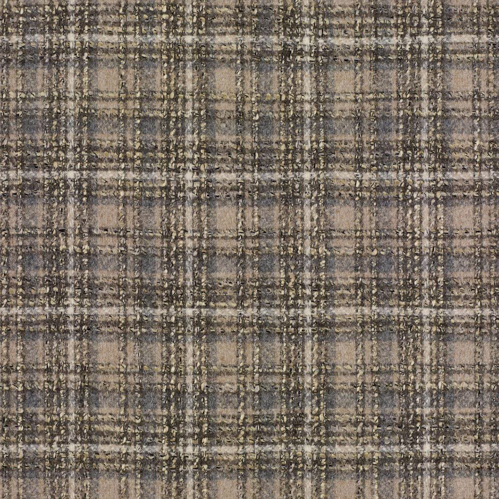 Weathered taupe plaid fabric with charcoal lines and a nubby woven texture