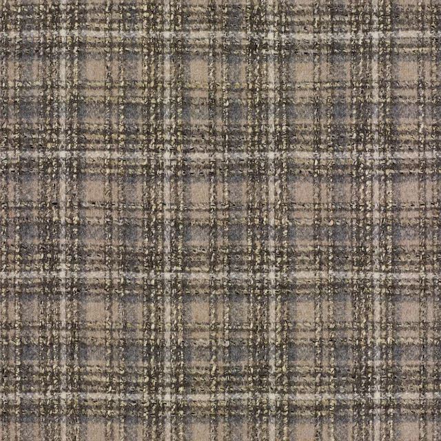 Weathered taupe plaid fabric with charcoal lines and a nubby woven texture