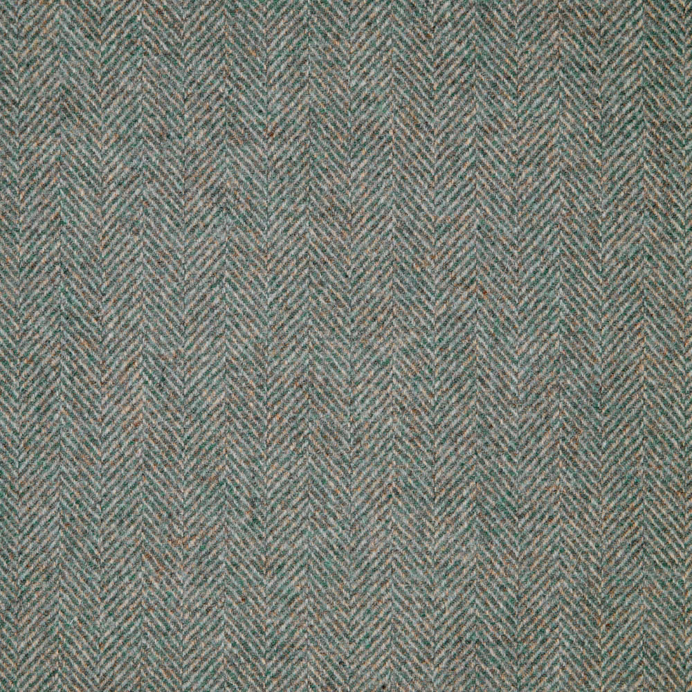 Muted teal-grey herringbone fabric with fine flecked texture and vertical chevron rhythm