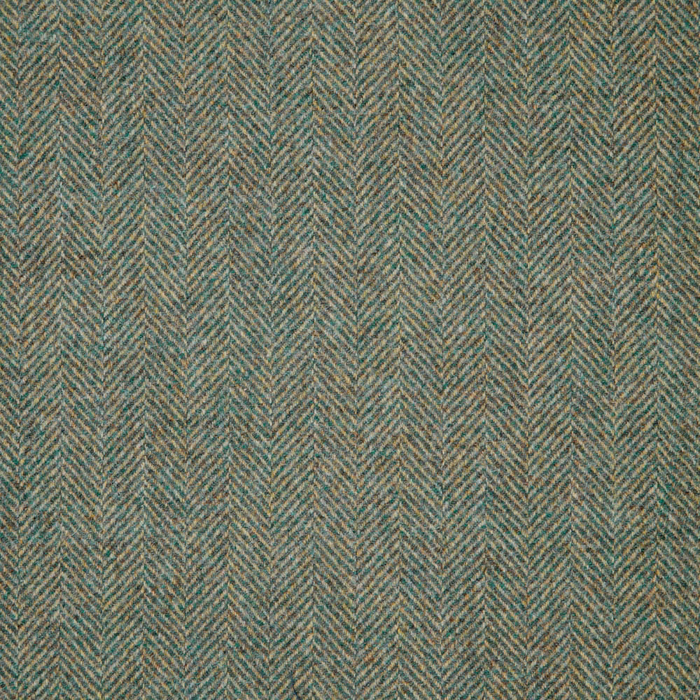 Muted blue-teal fabric with fine taupe herringbone weave and softly mottled texture
