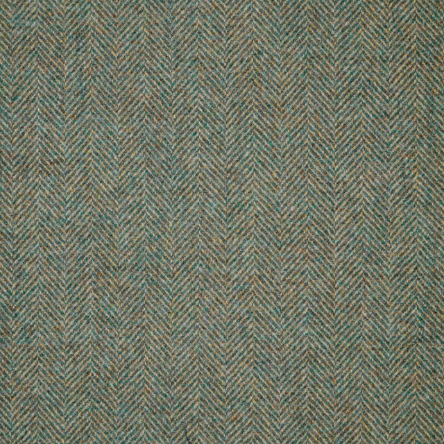 Muted blue-teal fabric with fine taupe herringbone weave and softly mottled texture