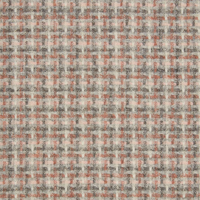 Misty grey woven check with charcoal texture and muted coral lines