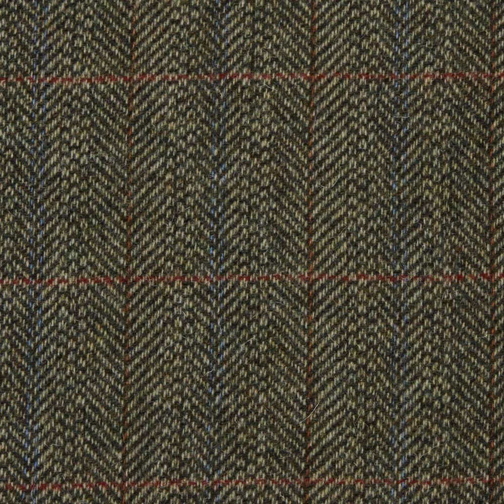 Dark olive herringbone weave with charcoal depth and muted red windowpane stripes