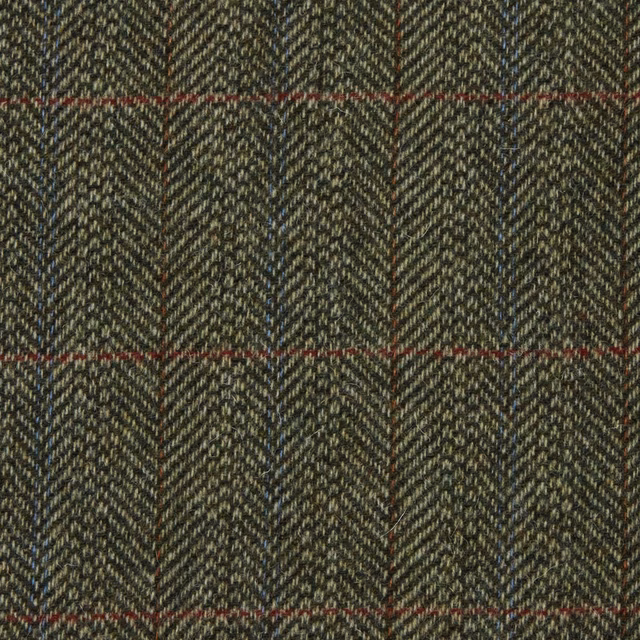 Dark olive herringbone weave with charcoal depth and muted red windowpane stripes