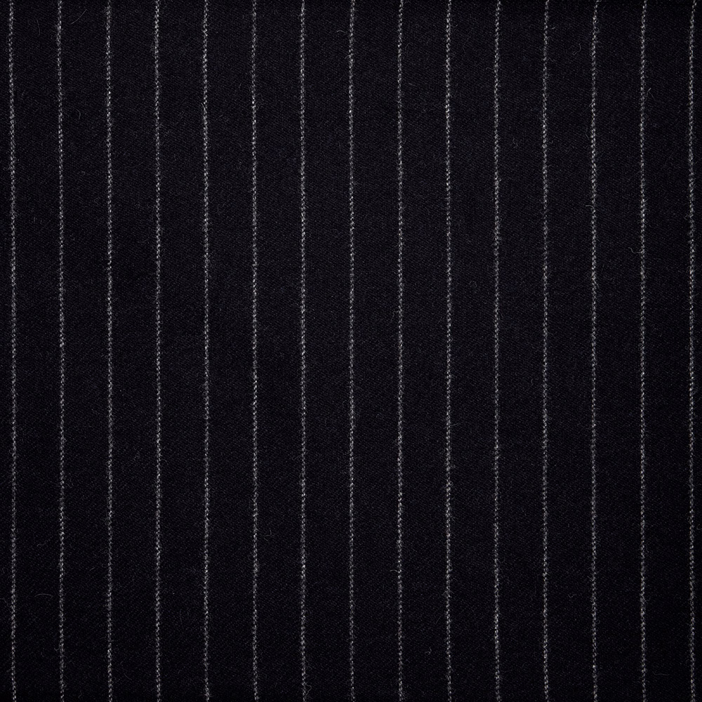 Charcoal-black woven textile with fine grey vertical pinstripes and subtle texture