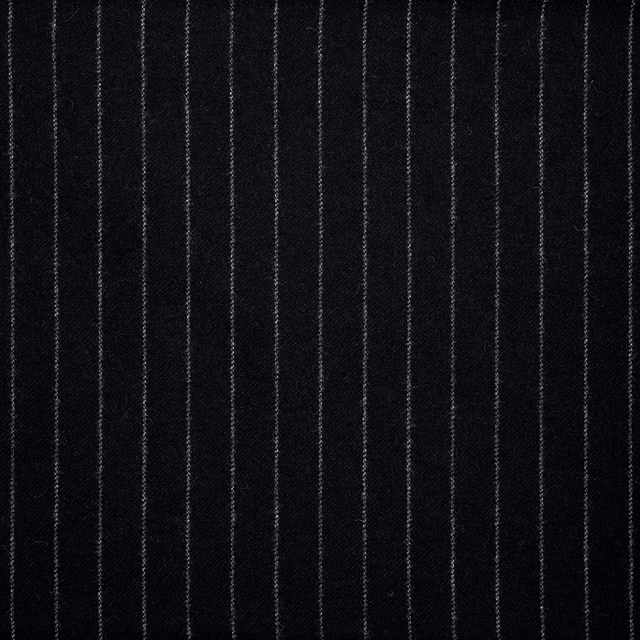 Charcoal-black woven textile with fine grey vertical pinstripes and subtle texture