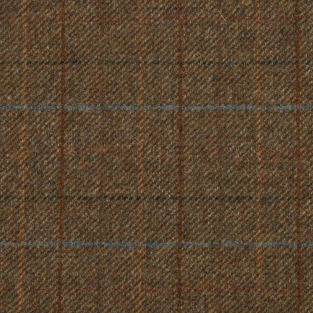 Brown diagonal-twill check with rust stripes and fine blue horizontal accents