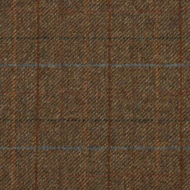 Brown diagonal-twill check with rust stripes and fine blue horizontal accents