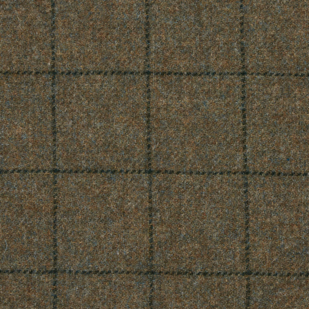 Mottled taupe-brown woven plaid with dark blue-grey lines and olive flecks