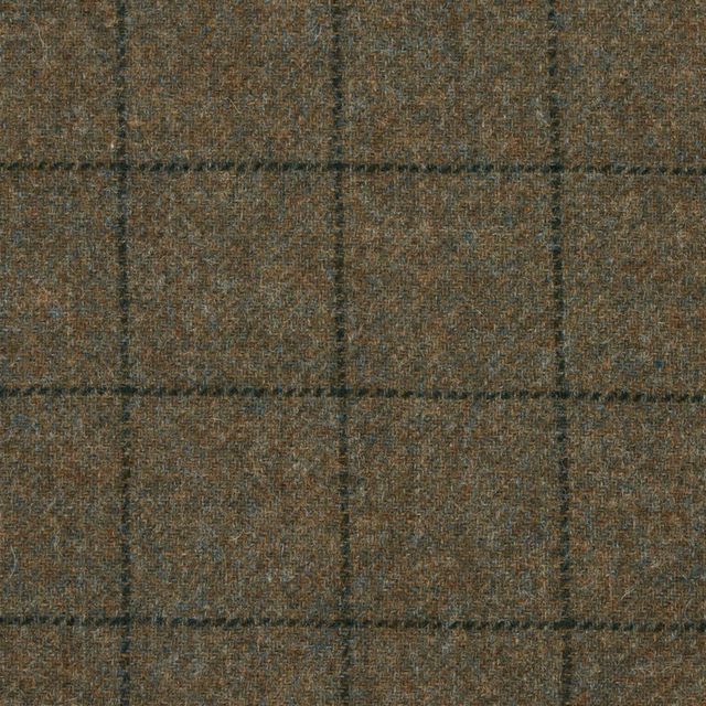 Mottled taupe-brown woven plaid with dark blue-grey lines and olive flecks