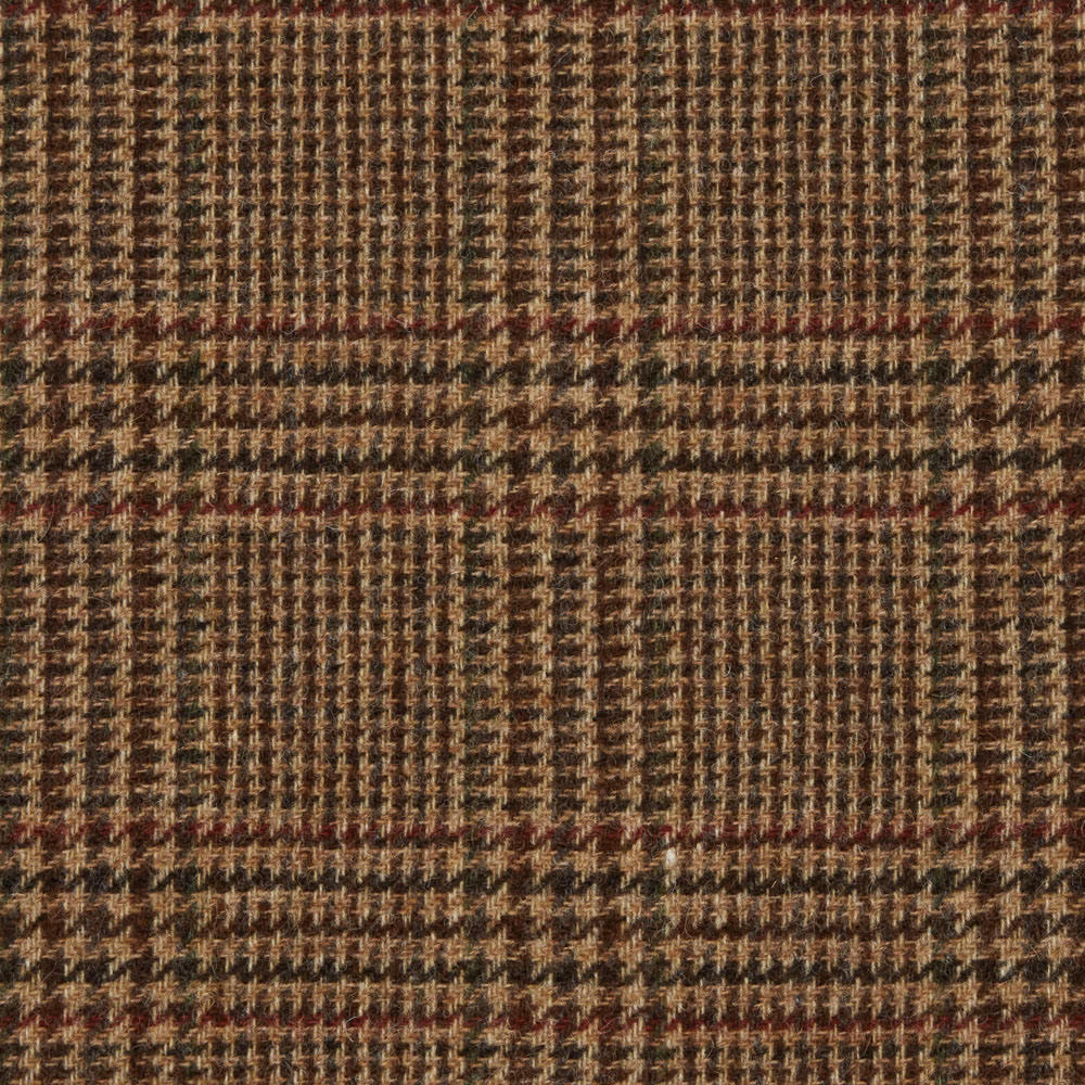 Close-up of warm brown plaid weave with tan, charcoal and muted red threads
