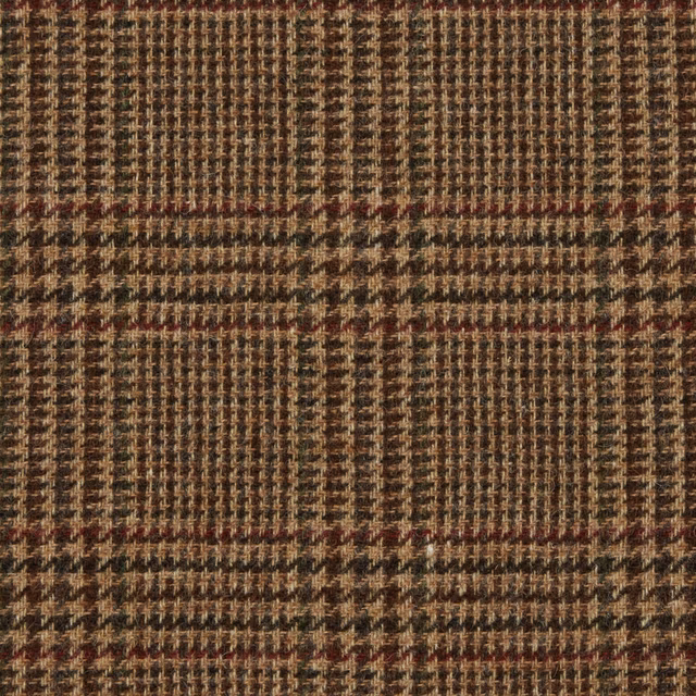 Close-up of warm brown plaid weave with tan, charcoal and muted red threads