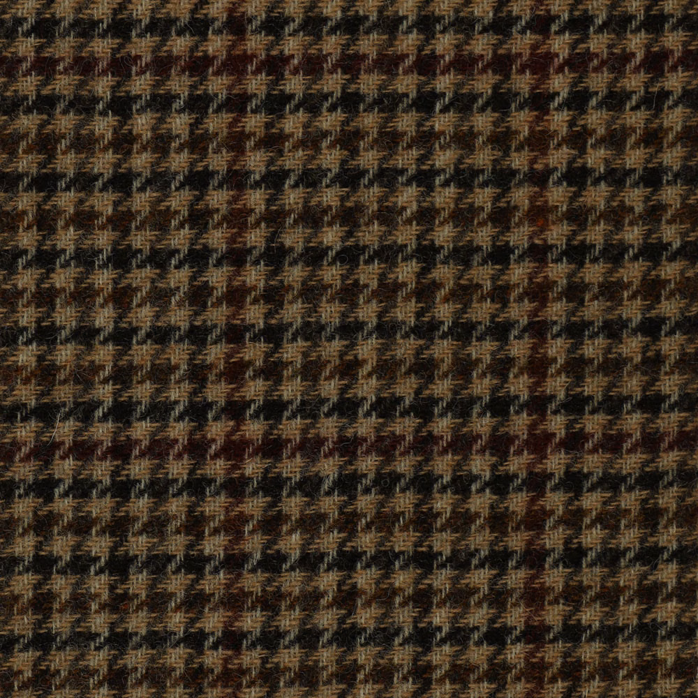 Dark brown woven upholstery fabric with small camel broken checks and russet flecks
