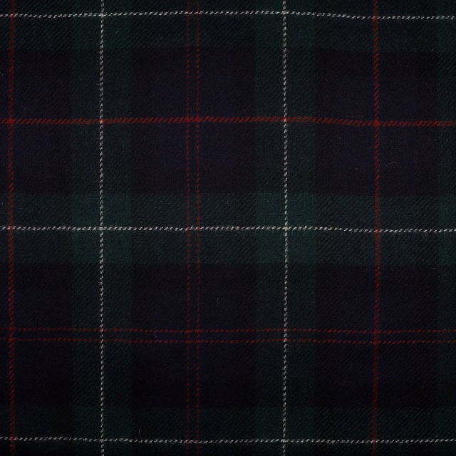 Dark charcoal tartan with forest-green blocks, burgundy lines and fine pale grid stripes