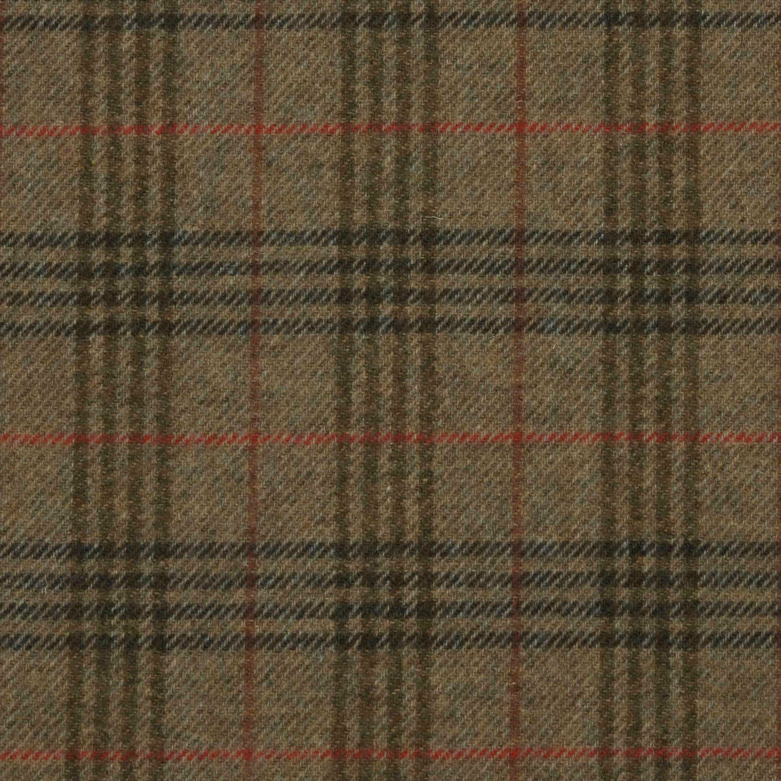 Muted olive-brown plaid with charcoal bands and fine red lines in close twill