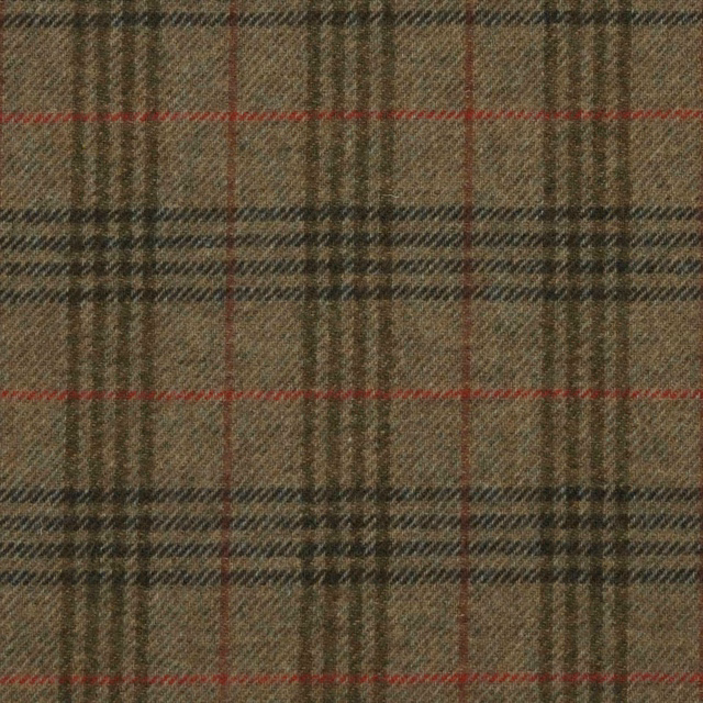 Muted olive-brown plaid with charcoal bands and fine red lines in close twill