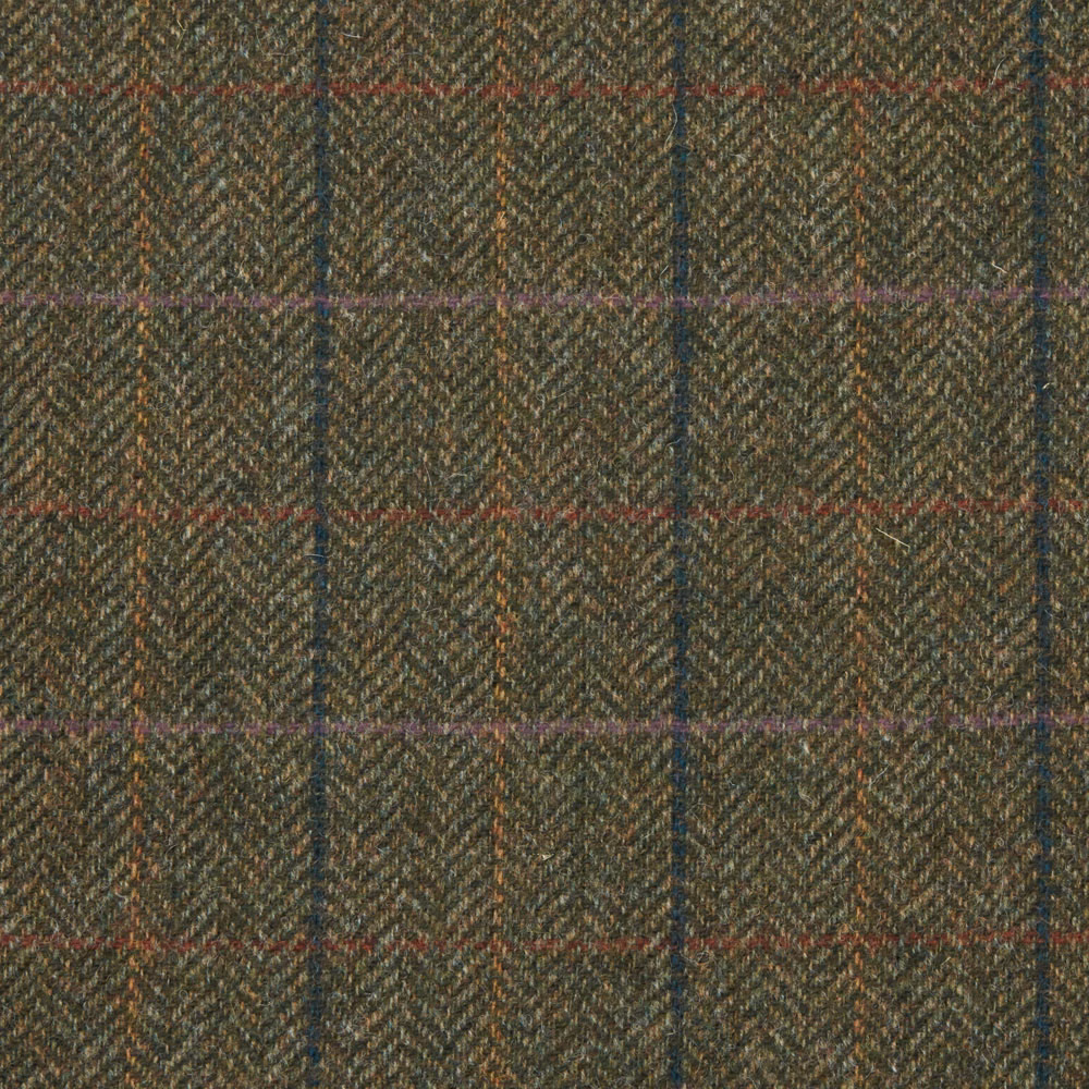 Muted olive herringbone plaid with navy, red, lilac and ochre overchecks