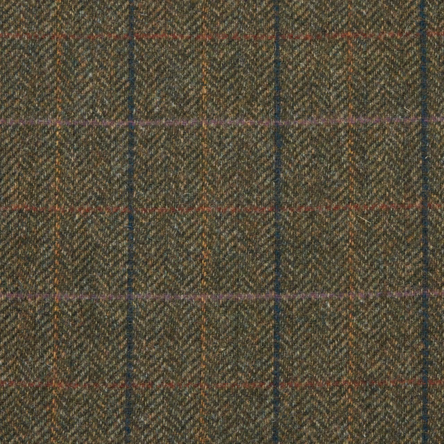 Muted olive herringbone plaid with navy, red, lilac and ochre overchecks