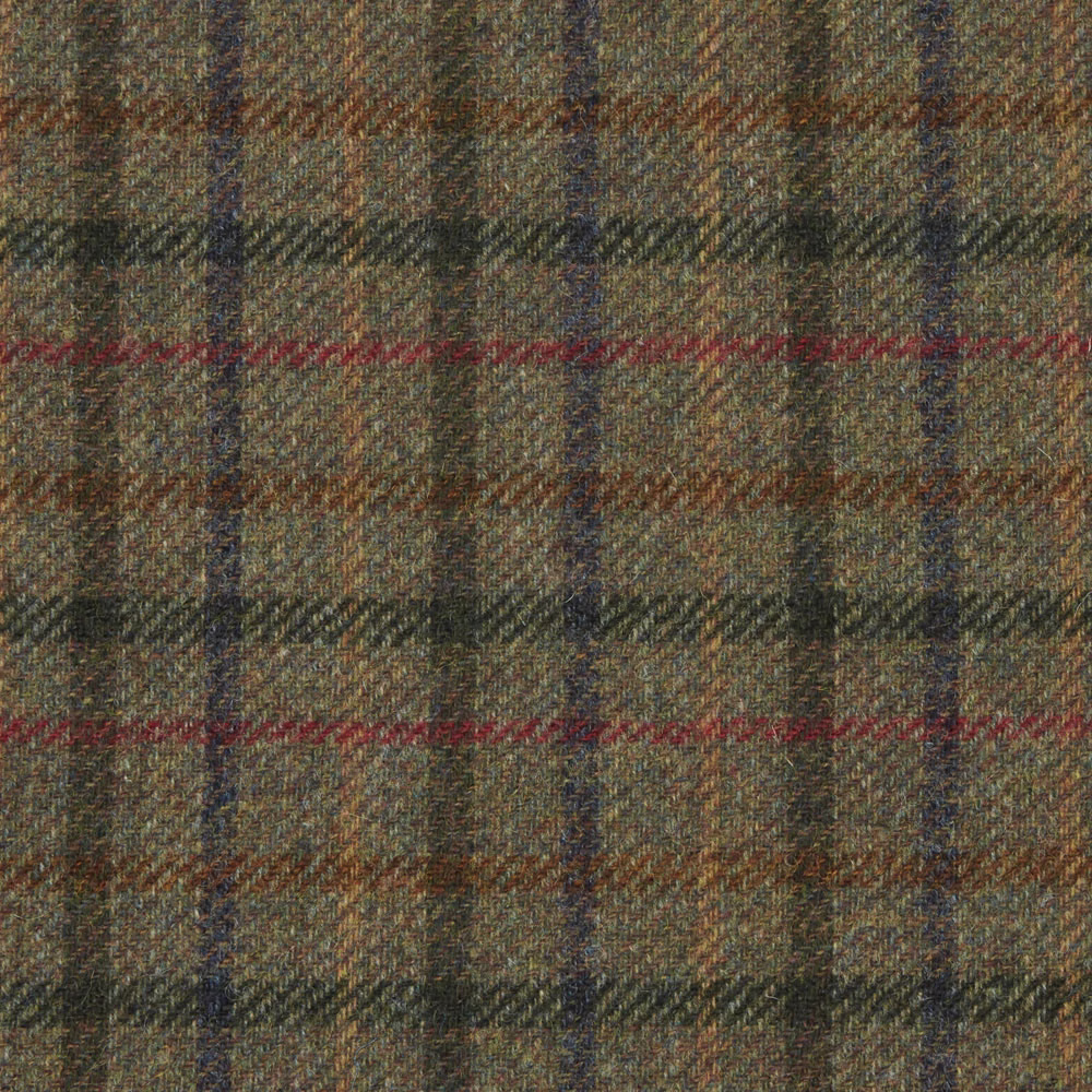 Muted olive plaid with rust red lines, slate checks and textured woven surface
