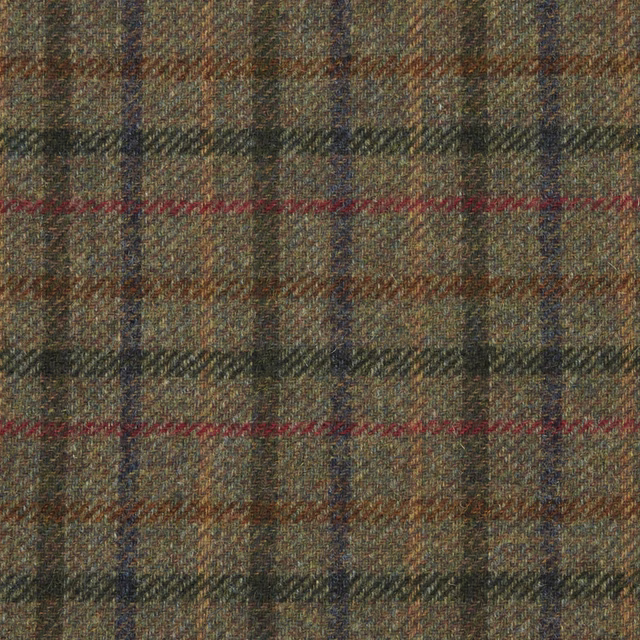 Muted olive plaid with rust red lines, slate checks and textured woven surface