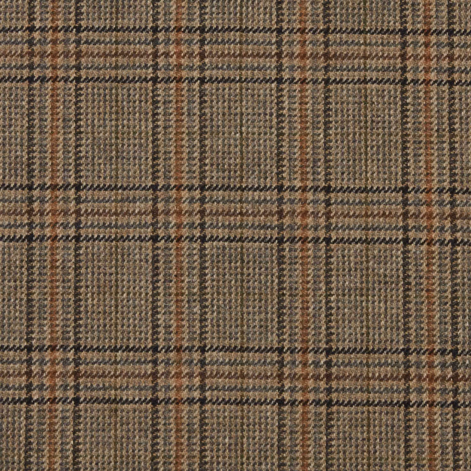 Warm taupe-brown woven plaid with charcoal, cream and muted rust checks