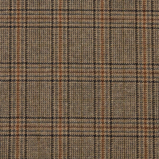 Warm taupe-brown woven plaid with charcoal, cream and muted rust checks