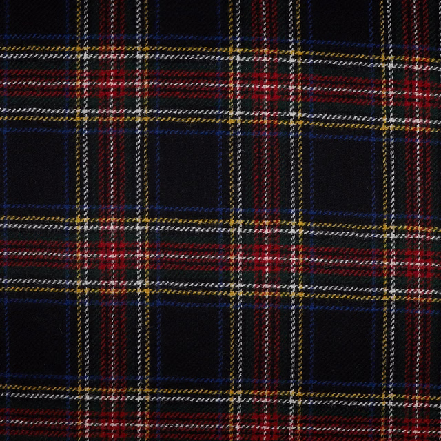 Inky black and navy plaid with red bands and fine mustard lines