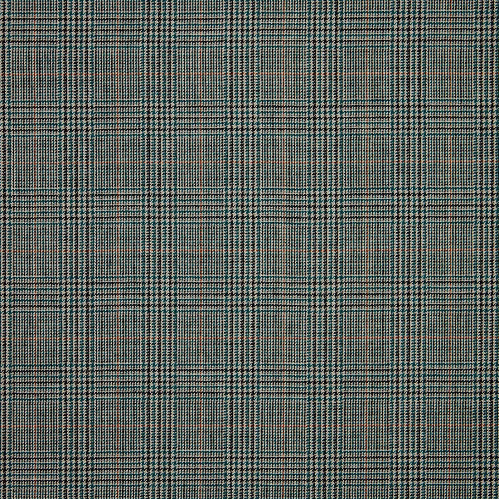 Deep teal and charcoal plaid fabric with fine warm flecks in a compact woven texture