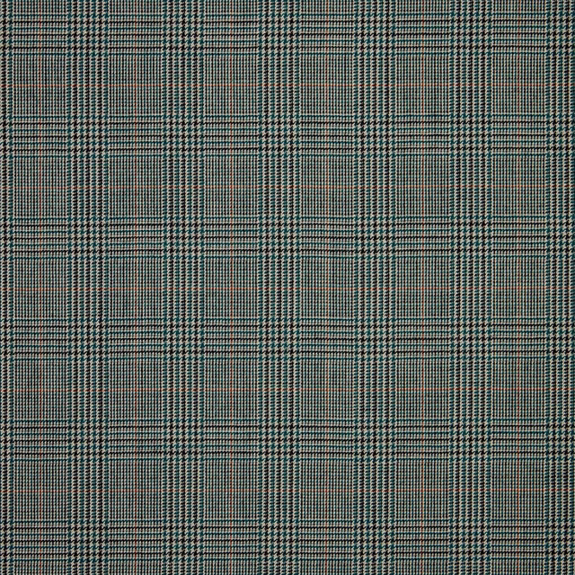 Deep teal and charcoal plaid fabric with fine warm flecks in a compact woven texture